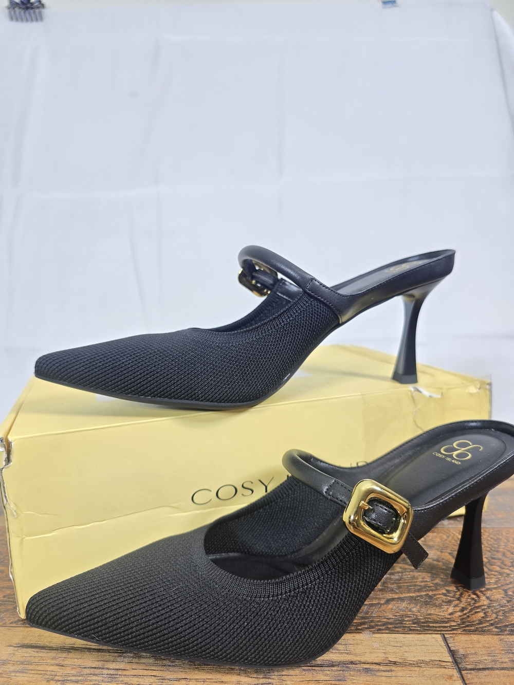 Cosy Island Gracelithe Black Pointed Knit Mules with Gold Buckle Size 7 - Picture 4 of 16
